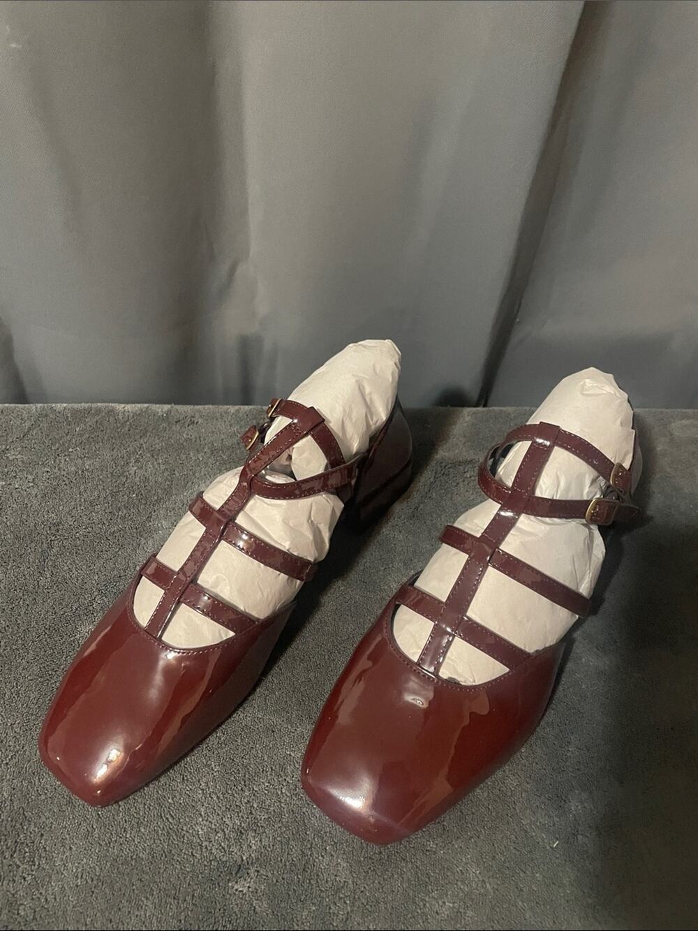 Seychelles Triple-Strap Patent Mary Jane Flats in Burgundy